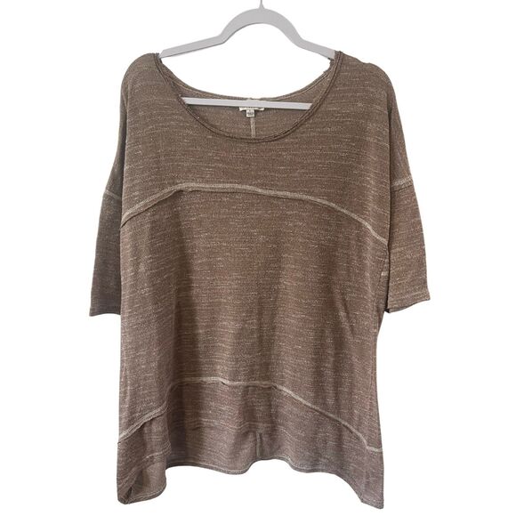 Umgee Womens Top Tunic Oversized L Brown Raw Hem Terry knit patchwork - Picture 1 of 4